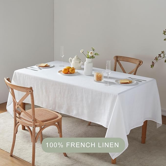 TOSMO 100% French Linen Tablecloth, Washable Farmhouse Rectangle Table Cloth for Kitchen, Dining, Party, Cocktail, Indoor and Outdoor Daily Use(52''x70'',White)