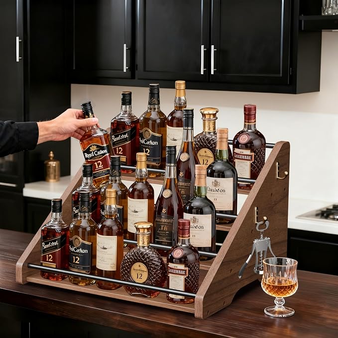 Coffee Syrup Organizer, 4-Tier Solid Wood Syrup Rack, Wine Rack, Storage Organizer for 16 Syrup Bottles/Spice Jars/Liquor Bottles, Sturdy Storage Stand for Coffee Bar