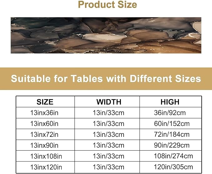 Marble Table Runner,Abstract Brown Black Gold Luxury Flow Liquid Modern Home Vintage Stone Pattern Table Runner for Coffee Table Dining Room Table Bedroom Party Holiday Decor 13x120inch