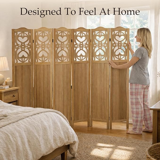 6 Panel Room Divider Fully Assembled, Carved Room Dividers and Folding Screens, 5.6Ft Wood Room Divider Screen Freestanding Partition Wall Dividers for Home Bedroom Office, Rustic Wood Color