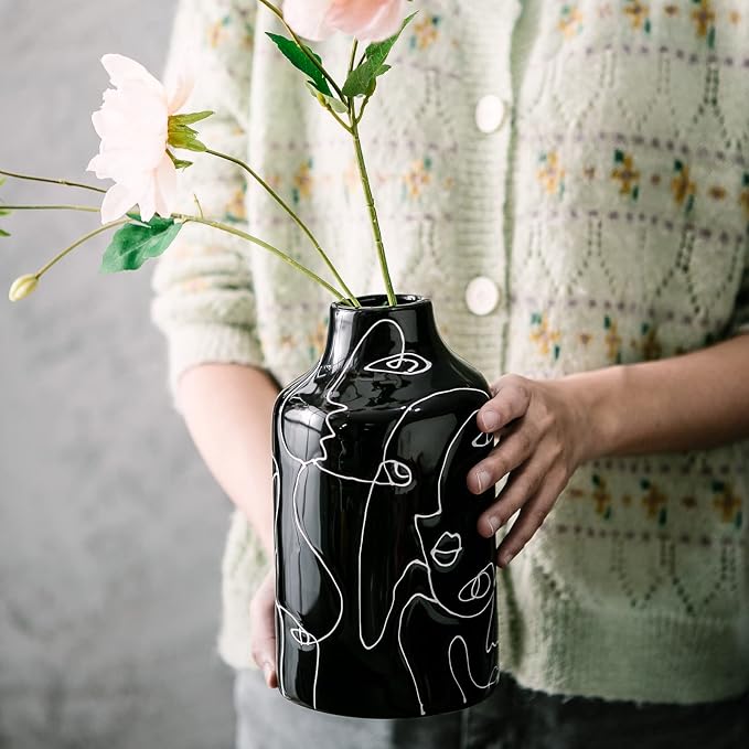 Kimdio Ceramic Vase Irregular face Design Decorative Flower Vase for Home Decor Living Room, Home, Office, Centerpiece,Table and Wedding B-Black
