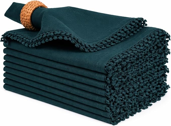 Bedding Craft Cotton Cloth Dinner Napkins Set of 12 – 18x18 Magical Forest with Decorative Lace Selvedge – Elegant Machine Washable Fabric Napkins for Weddings, Parties, Baby Showers & Dining