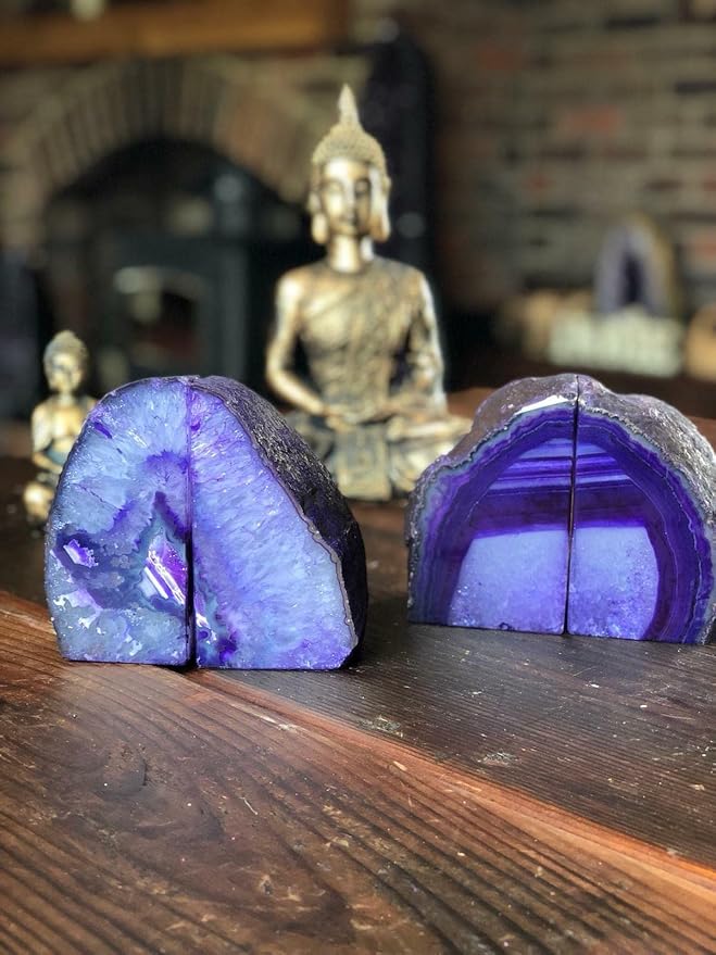 AMOYSTONE Purple Agate Bookends, Natural Crystal Gemstone Book Holders 3-4 LBS for Shelves, Stylish and Functional Bookends Gift for Women