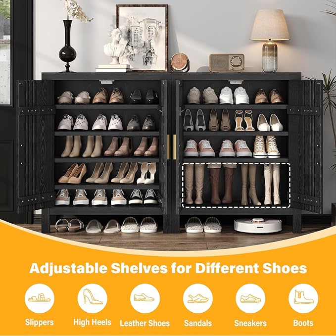 UNIQUITE Wooden Shoes Cabinet with Adjustable Shelves, Retro Freestanding Shoe Organizer Cabinet for Entryway Hallway Living Room, 5-Tier Shoe Cabinet with Doors for 20 Pairs, Black