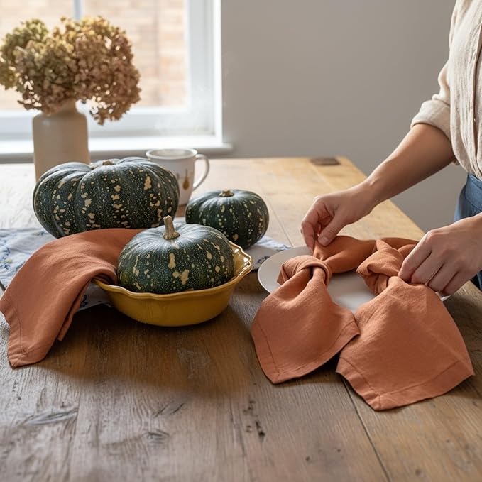 Linen Napkins –100% French Flax – Stonewashed Pure Linen Cloth Napkins - Size 18 Inch x 18 Inch – Set of 4 (Rustic Orange)