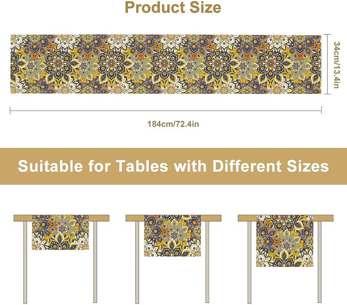 YCness Mandala Floral Table Runner, Retro Colorful Hippie Flowers Boho Table Runner for Bedroom Kitchen Living Room Table Runner, 13x36 Inch