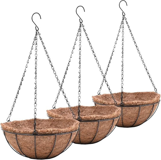 EIMQUVW Metal Hanging Planters Basket Set of 3 Hanging Flower Pots 12 Inch Chain Round Wire Plant Holder with Coco Coir Liner Garden Watering Hanging Baskets for Patio Garden Outdoor1
