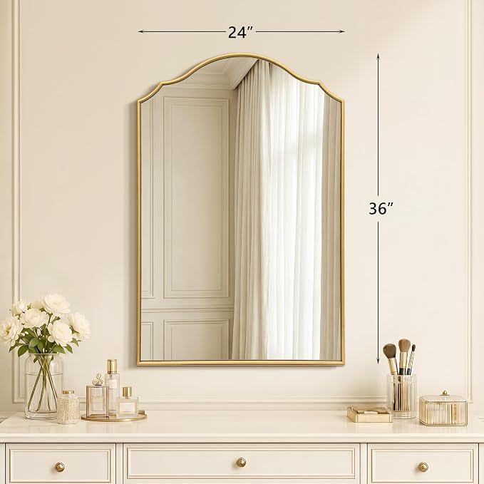 Besdomus Scalloped Gold Mirror for Bathroom: 24"x36" Minimalist Modern Arched Mirror - Wooden Frame Wall for Vanity/Bedroom/Mantle/Entryway/Fireplace/Hallway - Idea for Housewife