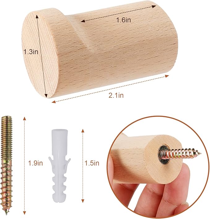 bsdonte Wood Wall Hooks 6 Pack, Natural Wooden Coat Hooks Wall Mounted, Handmade Rustic Hat Hooks Heavy Duty Entryway Wall Hangers for Hanging Towels, Clothes, Bags (Beech Wood)