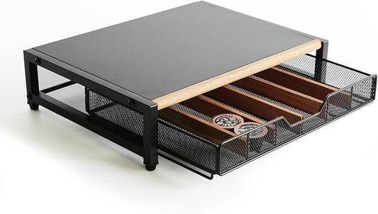 WILDMOS Coffee Pod Drawer,Coffee Station Organizer for Coffee Pod Storage,Movable Solid Wood Partition Board, Counter Coffee Bar Accessories for Nespresso Pods,Cream, Spoon, Sugar（Black)
