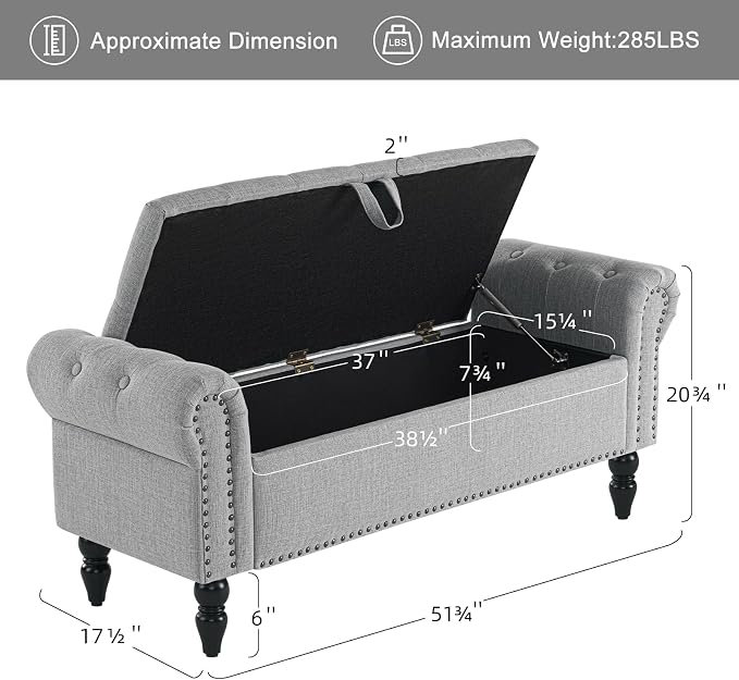 Furniliving 51.75" Storage Ottoman Bench for Living Room, Modern Bedroom Benches with Rolled Arm Upholstered End of Bed Bench Shoe Storage Indoor Bench with Wood Legs Entryway Bench, Grey, Linen