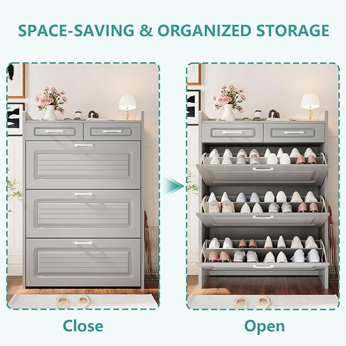 Shoe Cabinet with 3 Large Flip Drawers and 2 Storage Drawers, Narrow Shoe Organizer Cabinet Fits for Kinds of Shoes, Slim Shoe Storage Cabinet for Entryway, Hallway, Light Grey