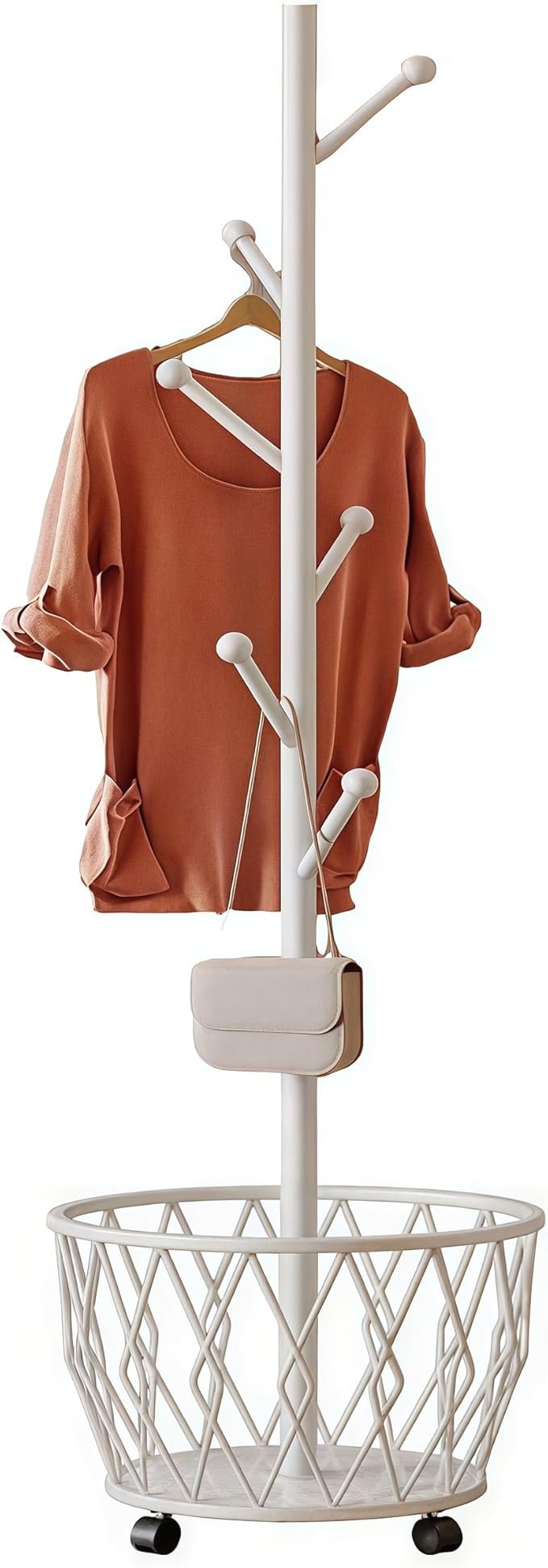 Freestanding Metal Coat Rack Stand with Basket Modern Organizer for Scarf Jacket Hat Bags Ideal for Home Entryway Bedroom Corner Stable and Moveable tree (white)