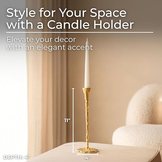 Sculpted Metal Candle Holder with Base – Abstrac Aluminum Decorative Taper Candle Holders – Metalic Office and Home Decor Accents for Living Room & Bedroom – 11", Gold
