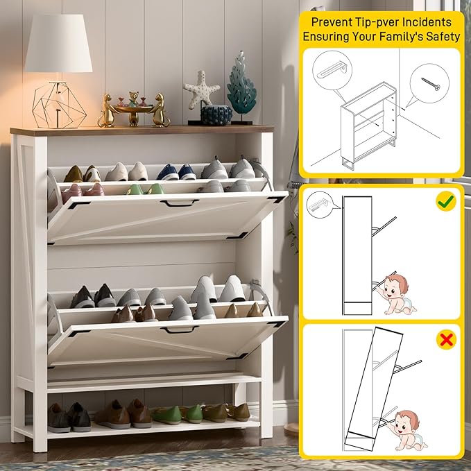Halitaa Shoe Cabinet with 2 Flip Drawers, 5 Tier Farmhouse Shoe Storage Cabinet for Entryway, Narrow Slim Shoe Cabinet, Rustic White Freestanding Hidden Wooden Shoe Rack Cabinets