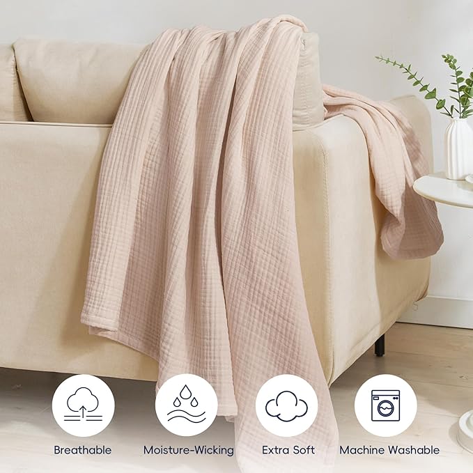 PHF 100% Cotton Muslin Throw Blanket 50" x 60", 4-Layer Lightweight Gauze Throw, Breathable Cloud-Soft Minimalist Blanket for Bed, Couch, Camping, Dusty Pink, Ideal Gift