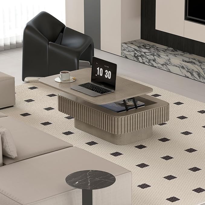 Lift Top Coffee Table for Living Room,Rectangle Handmade Solid Wood Strips, Fluted Coffee Table with Hidden Storage Compartment Small Space Office Apartment (38.6" L×26.8''W×13.8''H-Grey)
