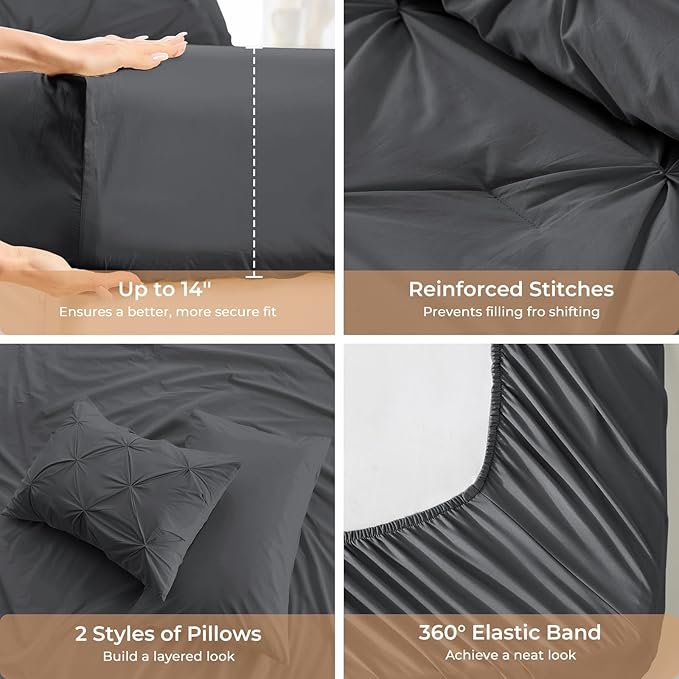 Sasttie California King Comforter Set, 7-Piece Bed in a Bag, Pintuck Bedding Sets for All Season, Includes Comforter, Flat Sheet, Fitted Sheet,Pillowcases and Pillowshams, Dark Grey