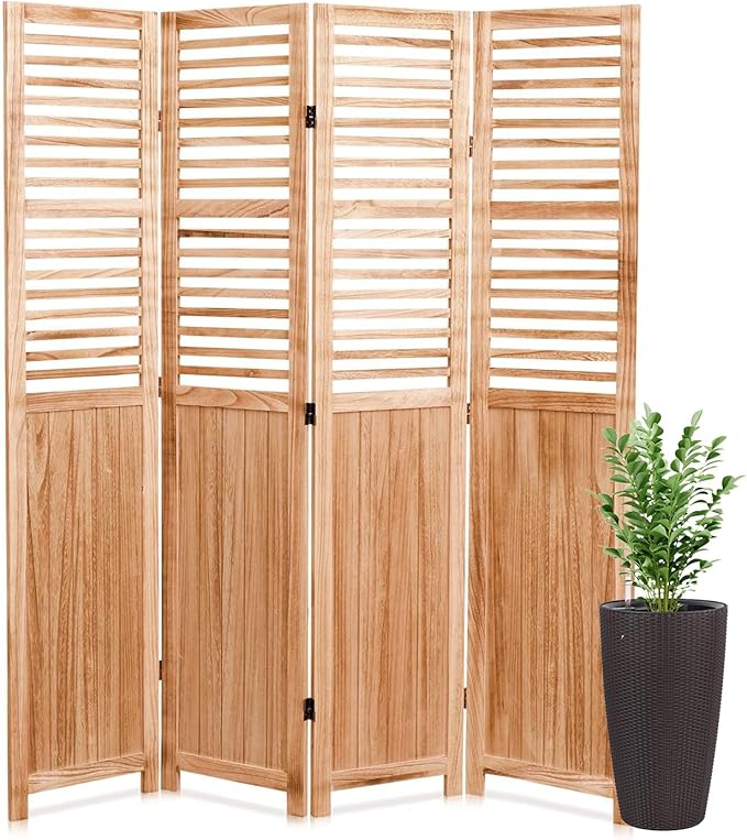 65 Inch Partition Room Dividers with Extra Stable Base, 4 Panel Folding Wood Privacy Screen for Home Office Restaurant Bedroom - Natural