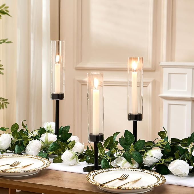 Black Hurricane Glass Candle Holders Set of 3, Tall Metal Taper Candle Stick Holder, Clear Candlestick Holders, Table Centerpieces Decor for Dining Dinner, Weddings, Christmas Fireplace Decorations