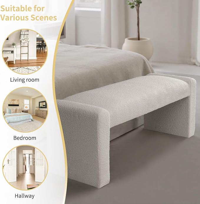 SIMTONAL 47" End of Bed Bench, Modern Fabric Upholstered Entryway Bench, Footrest Stool Accent Bench with Solid Wood Frame for Bedroom Living Room, White
