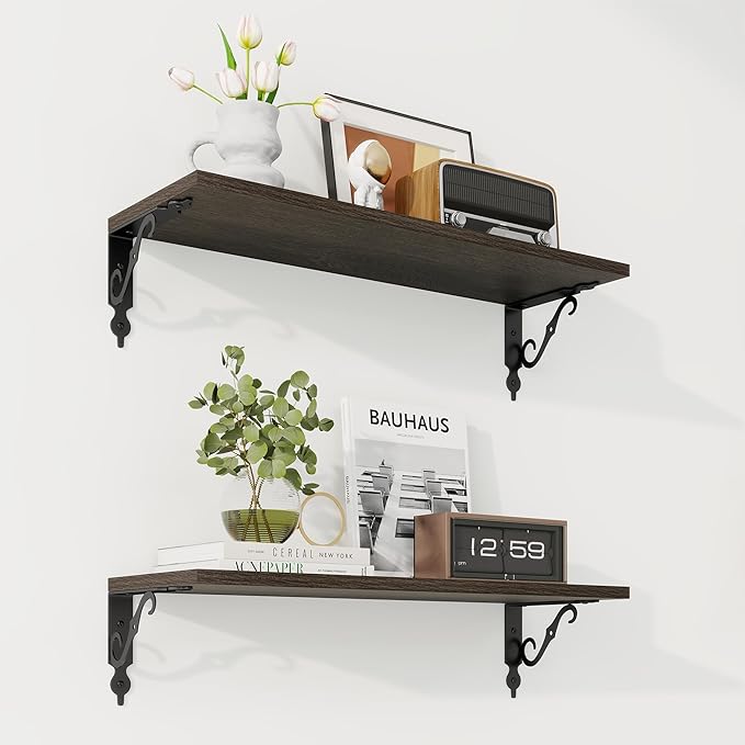 RICHFOCUS Floating Shelves for Wall Decor, 24Inch Shelves Set of 2, 24W x 8D Black Floating Shelves Wall Mounted with Metal Brackets, Rustic Wood Shelves for Living Room Bedroom Kitchen