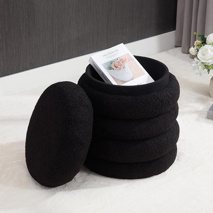 Kmax Storage Ottoman Modern Round Ottoman Upholstered Faux Fur Pouf for Living Room, Bedroom, Coffee Table, Black