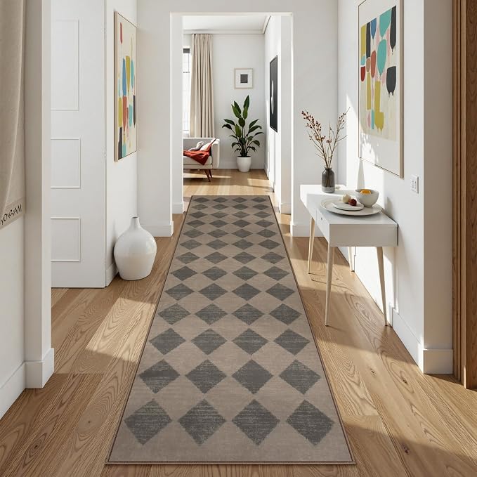 Lahome Zelie Checkered Washable 2x8 Brown Runners for Hallways Non Slip, Ultra-Thin Kitchen Bathroom Runner Rugs, Moroccan Trellis Throw Carpet Runner for Bedroom Entryway Decor (2'x8',Brown)