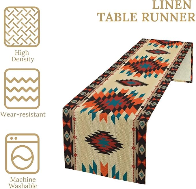 Aztec Southwest Retro Table Runner Vintage Geometry Triditional Ethnic Style Garden Farmhouse Dining Table Decoration for Living Room Kitchen 13x36in