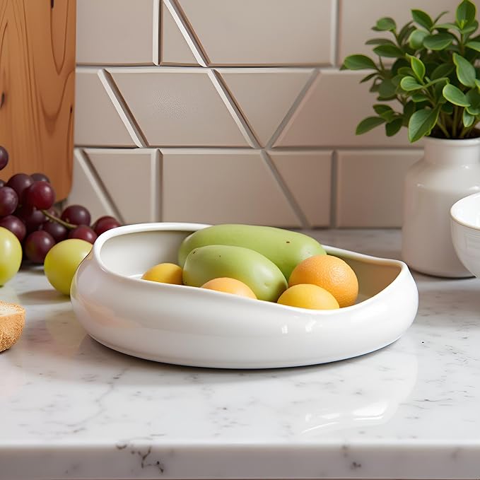 Decorative Bowl Free-Form Rim Glazed Ceramic Fruit Bowl for Kitchen Counter Ceramic Dining Room Table Centerpiecekey Bowl for Entryway Table|Dishwasher & Microwave Safe