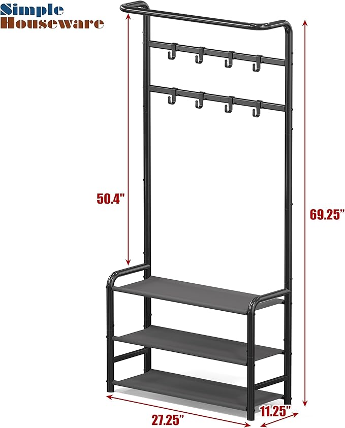 Simple Houseware Coat Rack with Storage Shelf, Freestanding Hall Tree with Hooks for Entryway, Bedroom, Office, Black Metal Clothes Hanger Stand for Coats, Hats, Jackets, Bags - Black