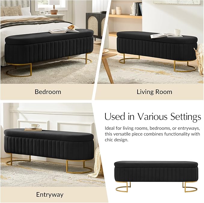 55.5" Velvet Upholstered Storage Bench with Channel Tufted Seat and Metal Legs, Multi-Functional Ottoman with Interior Organizer Pockets for Bedroom and Entryway, Flipping Lid Large Window Bench