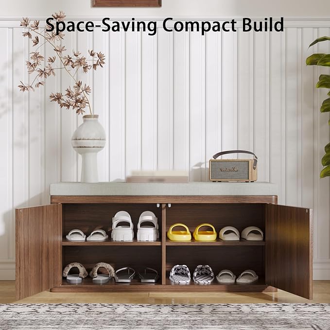 Entryway Shoe Storage Bench with 2" Cushion, 37.4" Small Bench with Shoe Rack, Cabinet Organizer for Hallway, Bedroom End of Bed (Walnut)