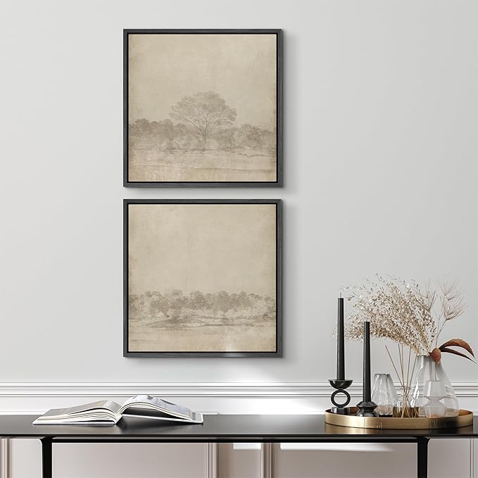 SIGNFORD Framed Canvas Print Wall Art Set Vintage Sepia Forest Landscape Neutral Toned Tree Scene Illustrations Modern Art Minimal Relax/Calm for Living Room, Bedroom, Office - 16"x16"x2 Black