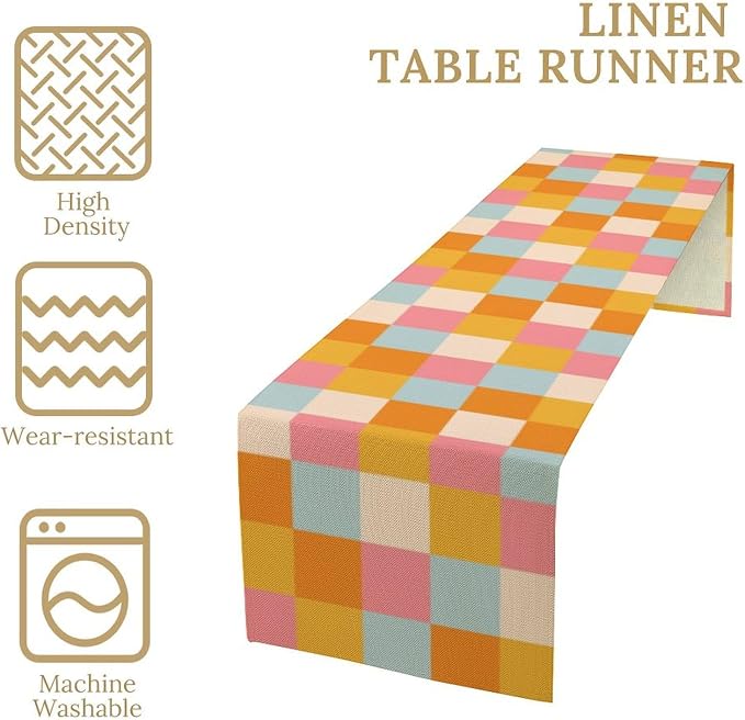 70s Hippie Table Runner Vintage Geometric Square Square Grid Yellow Orange Pink Blue 1960s 1970s Retro Country Farmhouse Dinner Runner for Living Room Kitchen Party Holiday Dinner Home Decor 13x36in
