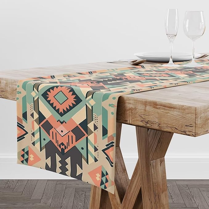Aztec Table Runner, Southwestern Native Ethnic Navajo Abstract Geometric Tribal Vintage Beige Black Table Runners Decor for Kitchen Family Dinner Table Holiday Party 13x36 Inch