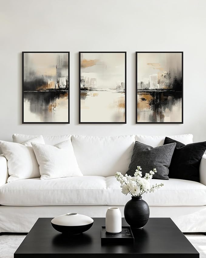 PHOPAGO Black Gray Abstract Landscape Framed Wall Art 16x24in Brown Tan Neutral Wall Decor Minimalist Modern Prints Home Decor - Black Framed