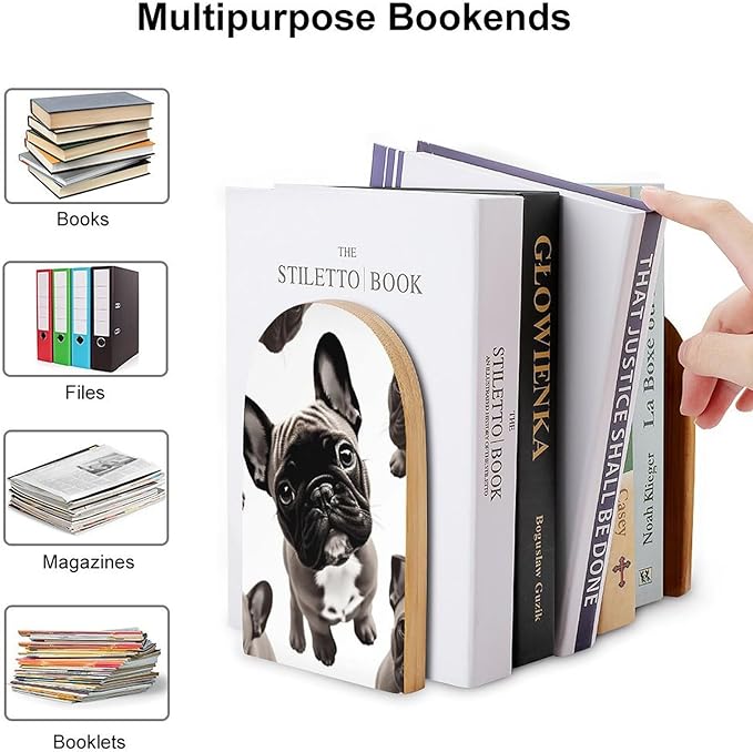 French Bulldog Book Ends Wooden Bookends Non-Skid Metal Base Heavy Duty Book Shelves Decor, Decorative Bookends for Books/CDs Bookshelf Table Home Decor