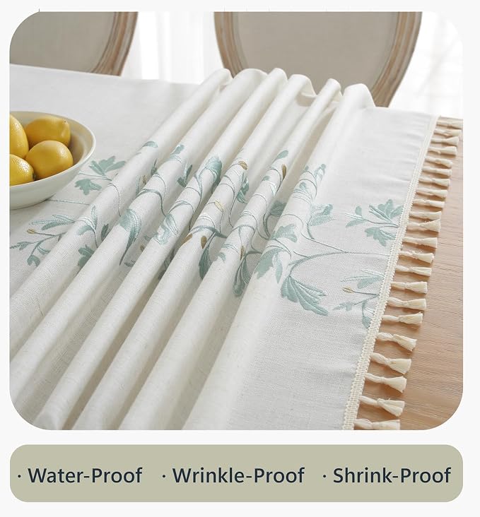 Alsoo Embroidered Tablecloth Rectangle 55 x 106 Inch, Farmhouse Otanical Floral Table Cloth Waterproof Washable Cotton Linen Fabric for Thanksgiving Spring Summer