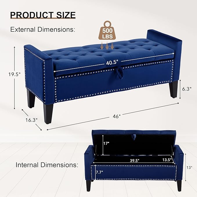Velvet Storage Ottoman Bench, 46'' Upholstered Button Tufted End of Bed Bench, Modern Entryway Ottoman Bench with Arms, Blue