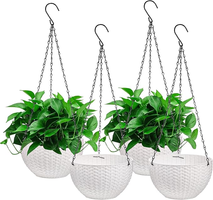 Foraineam 4 Pack 8.2 inch Self-Watering Hanging Planters, Garden Flower Plant Pot Container, Hanging Basket Planter with Drainer and Chain for Indoor Outdoor Use, White
