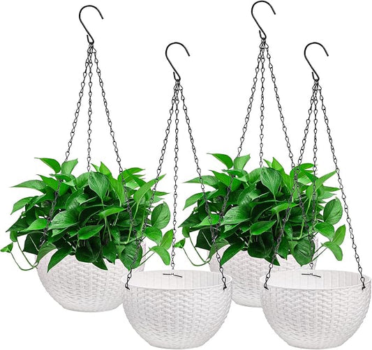 Foraineam 4 Pack 8.2 inch Self-Watering Hanging Planters, Garden Flower Plant Pot Container, Hanging Basket Planter with Drainer and Chain for Indoor Outdoor Use, White