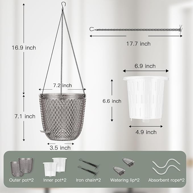 QCQHDU Hanging Planters for Indoor Plants, 2-Pack, 7.2 Inch, Gray | Plastic, Self Watering Plant Hanger, with Drainage Holes, 3 Hooks Chains, For Garden Home