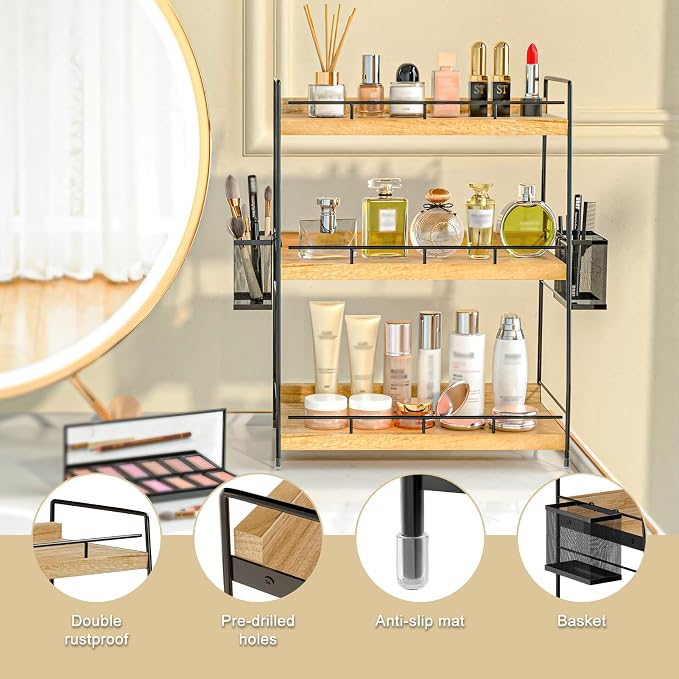 3 Tier Bathroom Counter Organizer with Side Baskets, Wood Countertop Vanity Shelf,Sturdy Metal Frame fits Tall Bottles