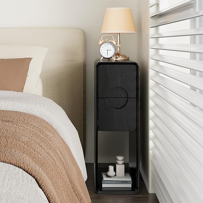 Black Small Nightstand Set of 2, Narrow Bedside Table with Circular Drawer, Skinny Side End Table, Wood Nightstand, Mid Century Modern Night Stand for Bedroom, Small Spaces, Slim, Wooden
