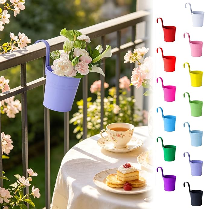 Hanging Flower Pots For Railings, Hanging Galvanized Metal Flower Pot with Hook, Tinplate Hanging Buckets for Garden Balcony Flowers, Colorful Planter for Flowers Grasses and Succulents (Pink)