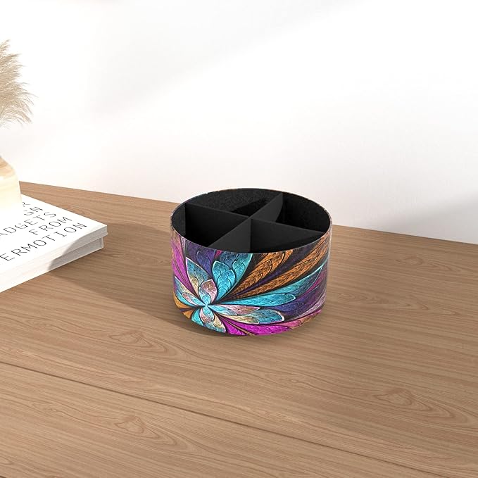 Round Leather Art Supply Organizer,Remote Control Holder,360 Degree Rotating,Multi-Functional Pencil Holder,4 Compartments Desktop Stationary Organizer(1-Fractal Flower) | Round, 360 Degree Rotating, Multi-Functional, Desktop