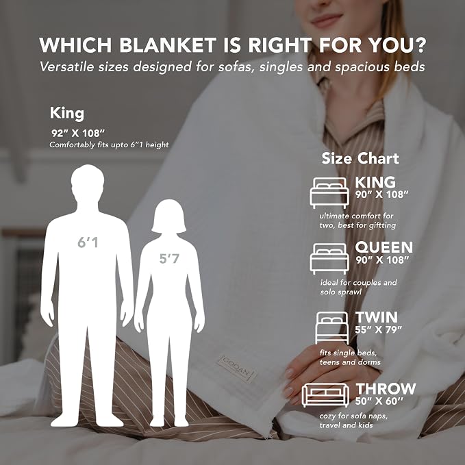 Goqan Muslin Blanket Queen 79x90 – 100% Turkish Cotton 4 Layer Boho Muslin Blanket for Adults, Four Season, Lightweight and Thin, Soft, Breathable for Bed - White