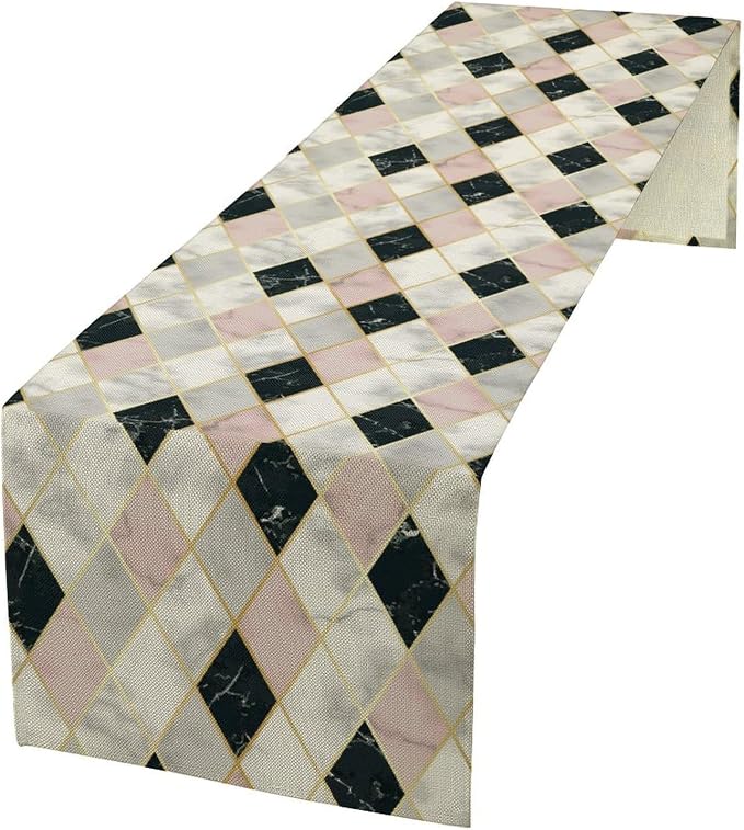 Marble Table Runner,Pink Black White Gold Geometric Diagonal Marble Pattern Table Runner for Coffee Table Dining Room Table Bedroom Party Holiday Decor 13x108inch