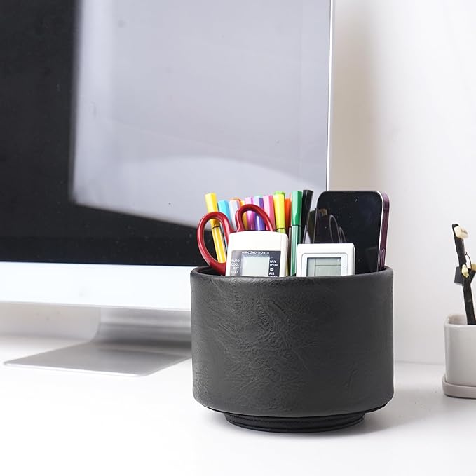 Round Leather Art Supply Organizer,Remote Control Holder,360 Degree Spinning,Multi-Functional Pencil Holder,4 Compartments Desktop Stationary Organizer(1-Crazy Black)
